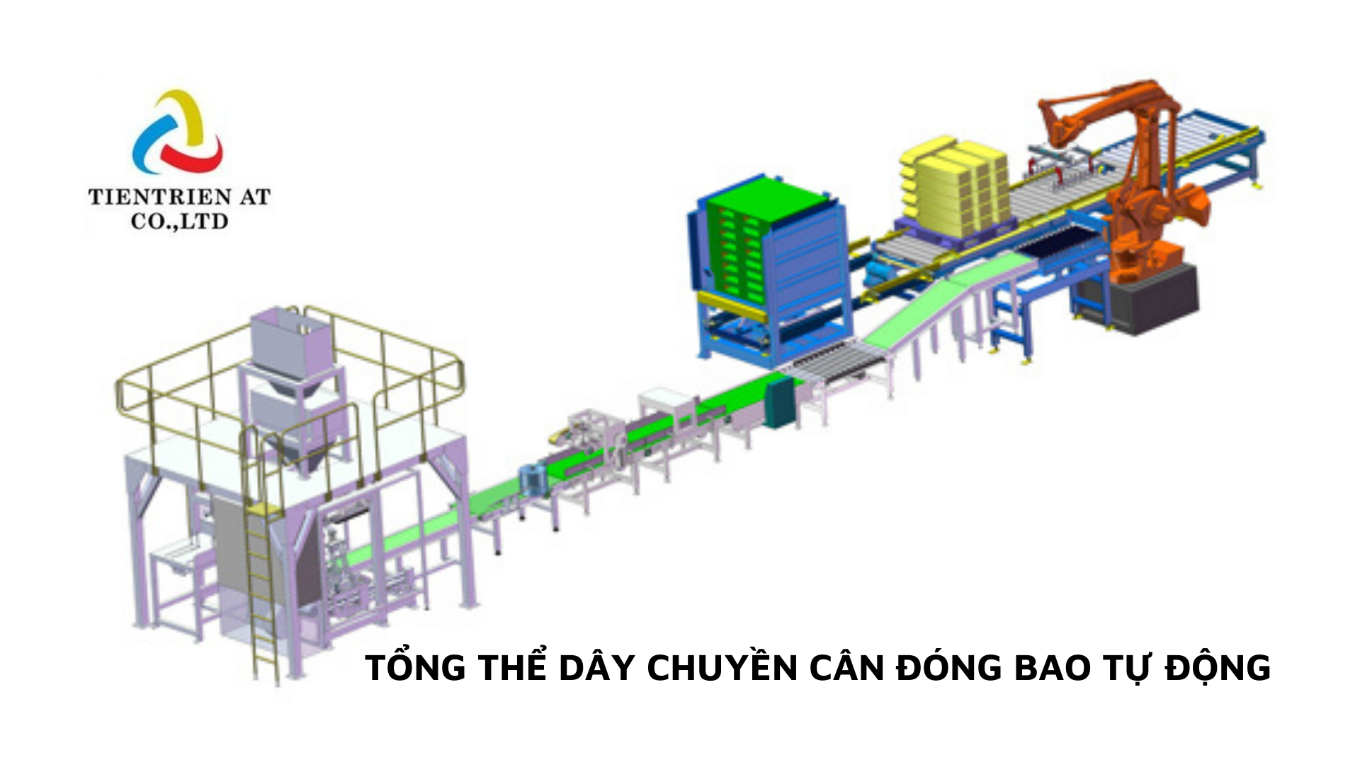 Hình ảnh máy đóng bao gạo tự động 10-50 kg với thiết kế hiện đại, tích hợp băng chuyền và hệ thống cân điện tử chính xác, phù hợp cho nhà máy sản xuất gạo.